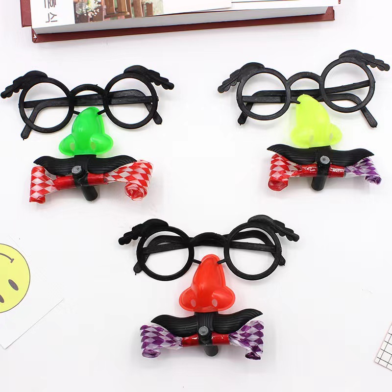 Funny Clown Nose Mustache Glasses Whistle Costume Ball Round Frame False Nose Blow Out Dragon Joke Trick Party Favors Toys