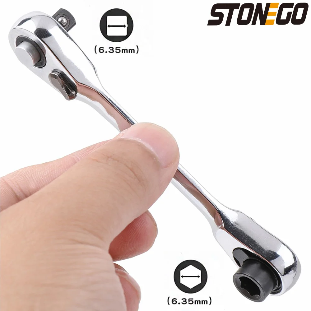 STONEGO Mini Double Headed Ratchet Wrench 1/4 Inch Drive Socket and Screwdriver Bit Driver Quick Release Ratchet Wrench