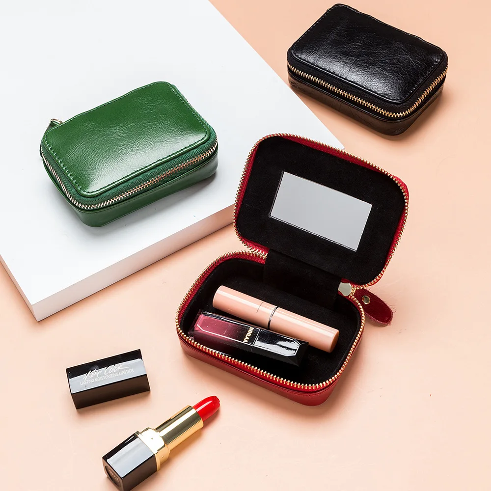 Lady Genuine Leather Lipstick Square Small Bag with Mirror Cowhide Cute Makeup Bag for Women's Jewelry Box Mini Coin Storage Bag