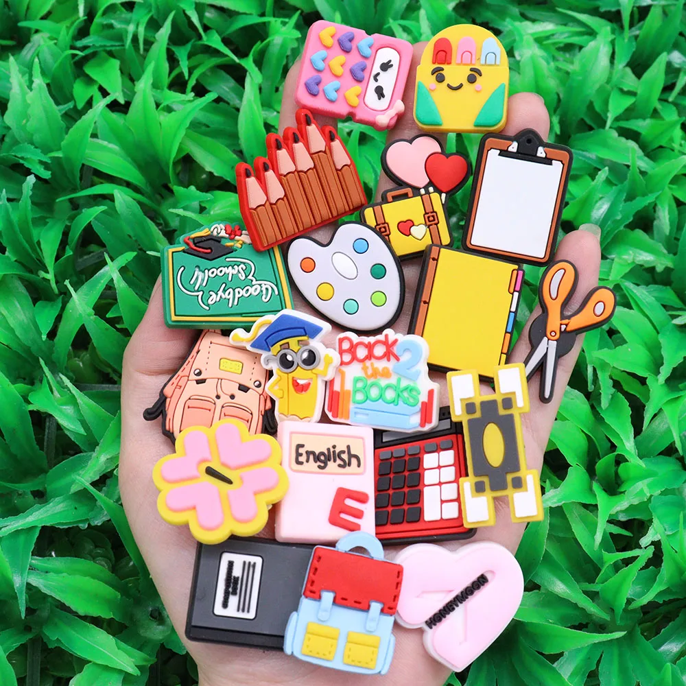 1pcs PVC Shoe Charms Folder Book Graduation School Bus Teacher Schoolbag Sandals Shoes Decoration Fit Wristbands Kid Party Gift