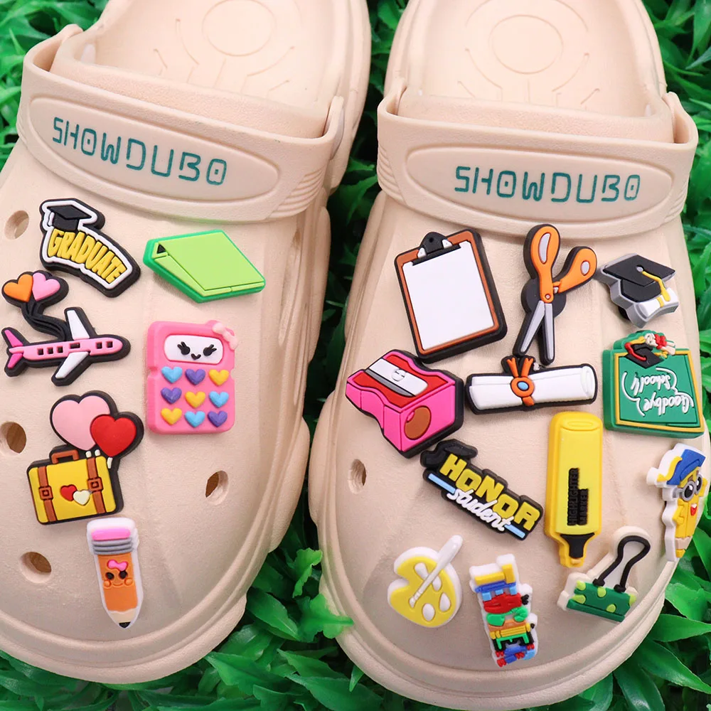 1pcs PVC Shoe Charms Folder Book Graduation School Bus Teacher Schoolbag Sandals Shoes Decoration Fit Wristbands Kid Party Gift