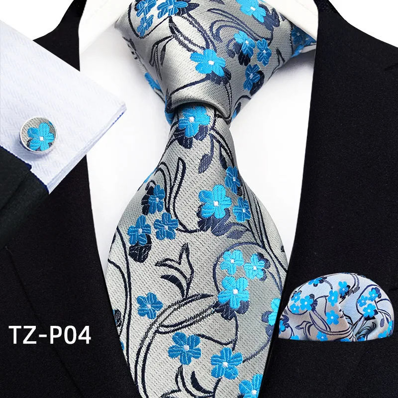 Floral Blue Ties For Men Wedding Party Business Man Tie Handkerchief Brooch Cufflinks Set Men Accessories Gravata