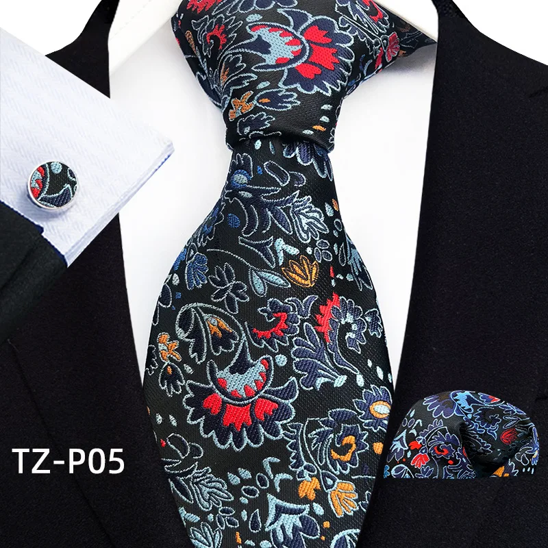 Floral Blue Ties For Men Wedding Party Business Man Tie Handkerchief Brooch Cufflinks Set Men Accessories Gravata