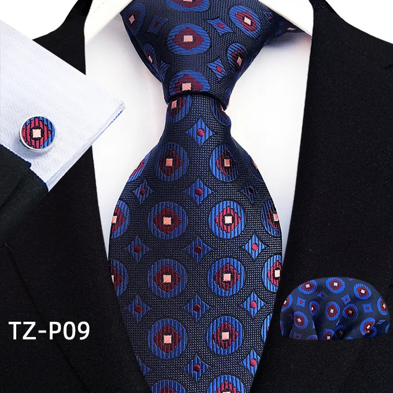 Floral Blue Ties For Men Wedding Party Business Man Tie Handkerchief Brooch Cufflinks Set Men Accessories Gravata