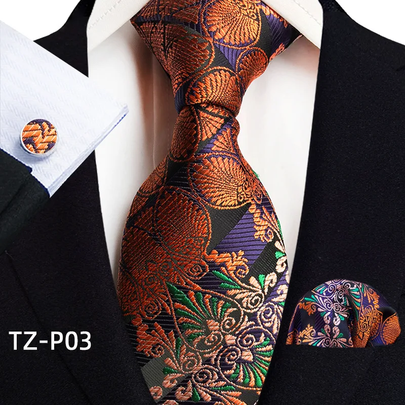 Floral Blue Ties For Men Wedding Party Business Man Tie Handkerchief Brooch Cufflinks Set Men Accessories Gravata