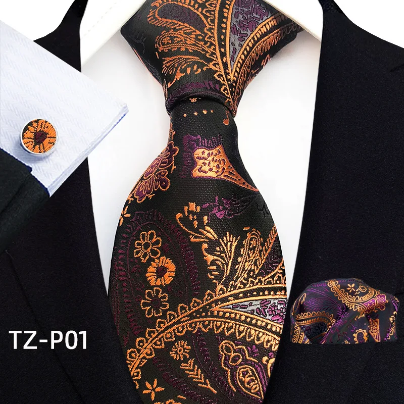 Floral Blue Ties For Men Wedding Party Business Man Tie Handkerchief Brooch Cufflinks Set Men Accessories Gravata