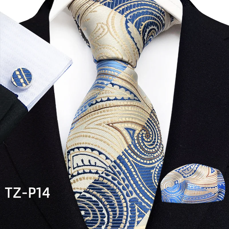 Floral Blue Ties For Men Wedding Party Business Man Tie Handkerchief Brooch Cufflinks Set Men Accessories Gravata