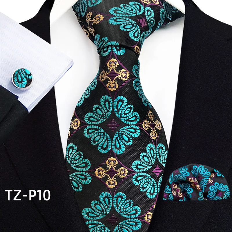 Floral Blue Ties For Men Wedding Party Business Man Tie Handkerchief Brooch Cufflinks Set Men Accessories Gravata