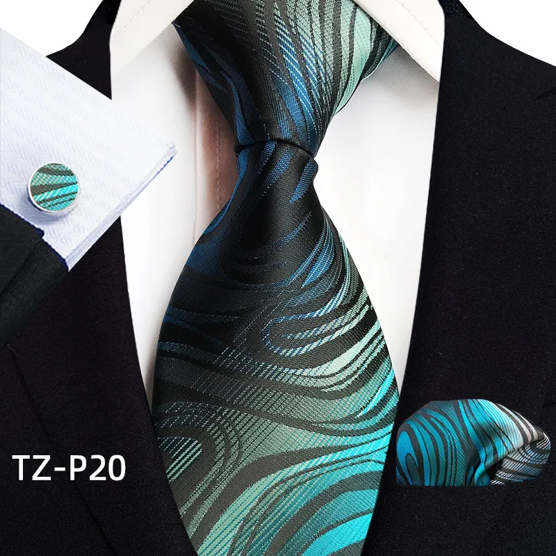 Floral Blue Ties For Men Wedding Party Business Man Tie Handkerchief Brooch Cufflinks Set Men Accessories Gravata