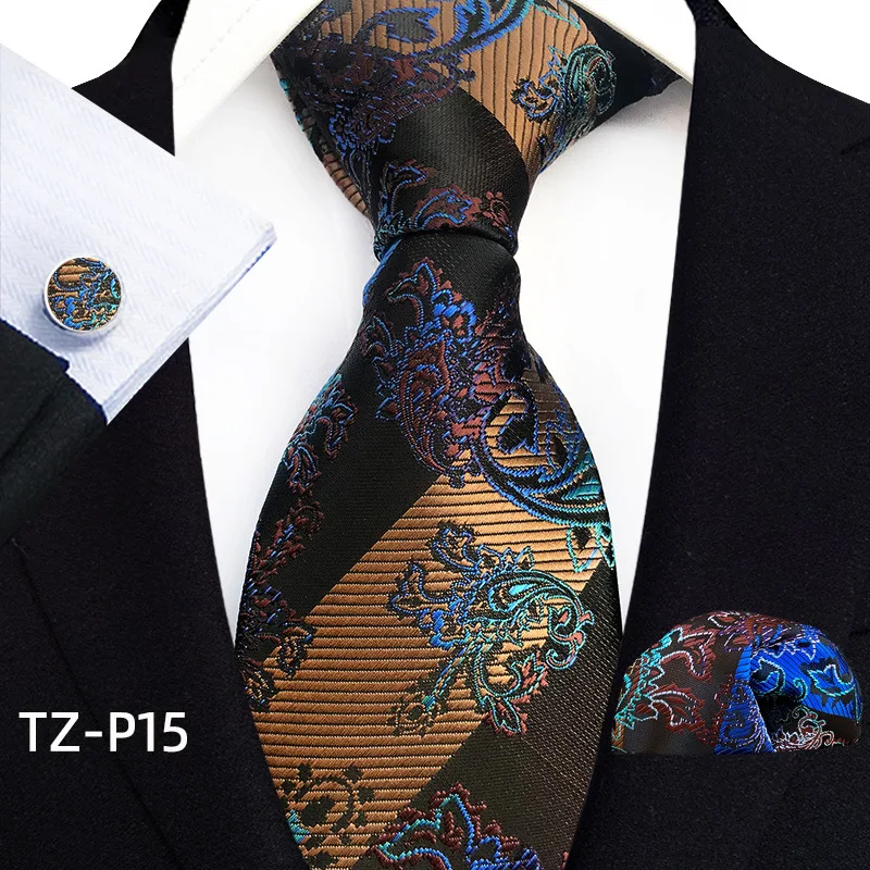 Floral Blue Ties For Men Wedding Party Business Man Tie Handkerchief Brooch Cufflinks Set Men Accessories Gravata