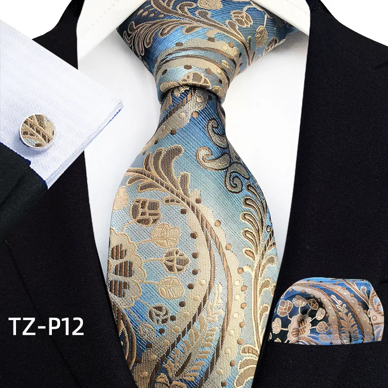 Floral Blue Ties For Men Wedding Party Business Man Tie Handkerchief Brooch Cufflinks Set Men Accessories Gravata