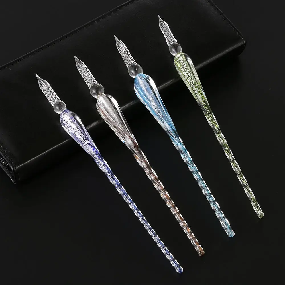 1 Pc 0.7mm Glass Drip Filling Ink Fountain Pen Crystal Penholder Vintage Handmade Dipping DIY Craft Signature Pens Writing Tools