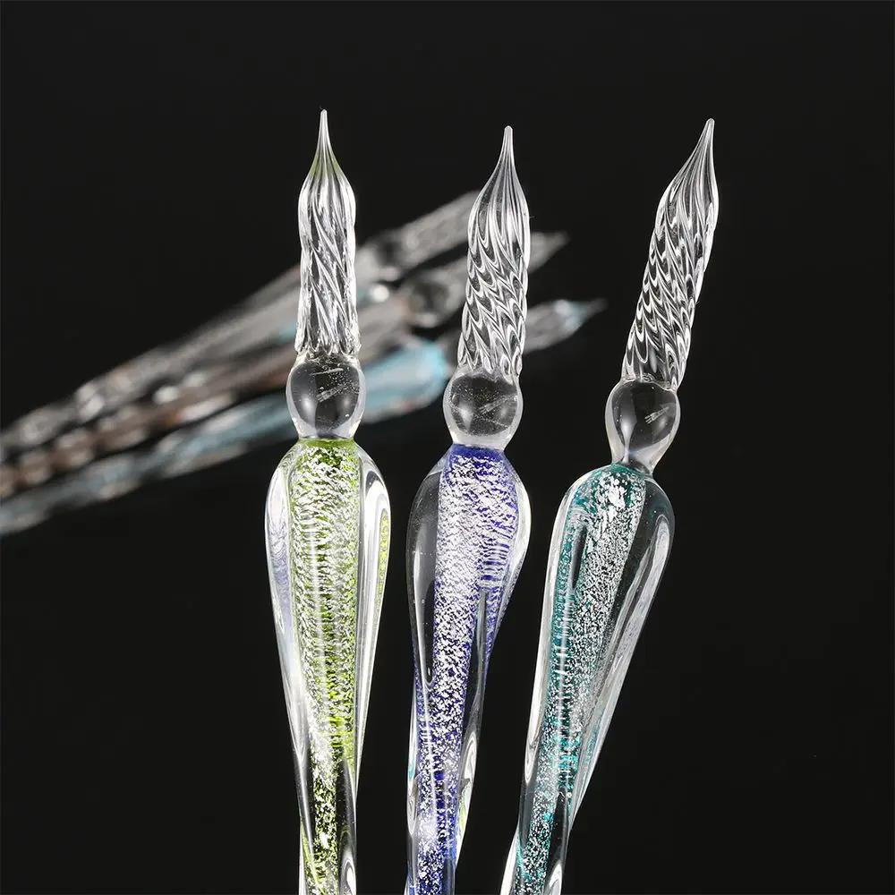 1 Pc 0.7mm Glass Drip Filling Ink Fountain Pen Crystal Penholder Vintage Handmade Dipping DIY Craft Signature Pens Writing Tools