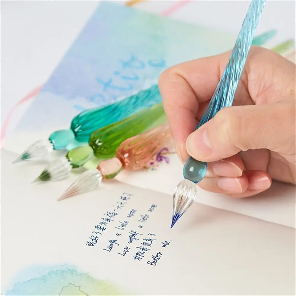 1 Pc 0.7mm Glass Drip Filling Ink Fountain Pen Crystal Penholder Vintage Handmade Dipping DIY Craft Signature Pens Writing Tools