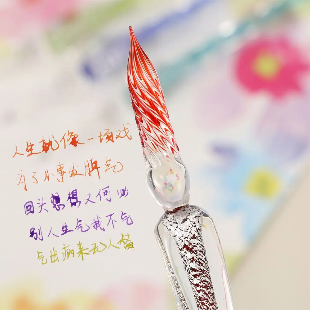 1 Pc 0.7mm Glass Drip Filling Ink Fountain Pen Crystal Penholder Vintage Handmade Dipping DIY Craft Signature Pens Writing Tools