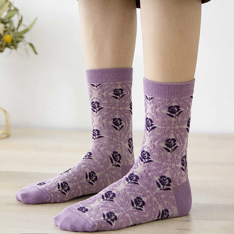 Fashion Harajuku Retro Woman Floral Vintage Socks Novelty Ethnic Print Kawaii Cute Cotton Casual Breathable Ladies Girls Funny
