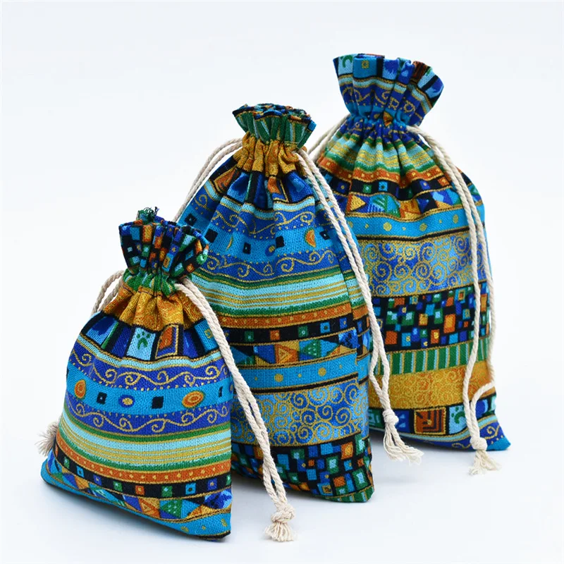 20pcs Ethnic Style Cotton Linen Drawstring Pocket Bag Buddhist Beads Storage Bag Jewelry Coin Purse Bag Small Things Sorting Bag