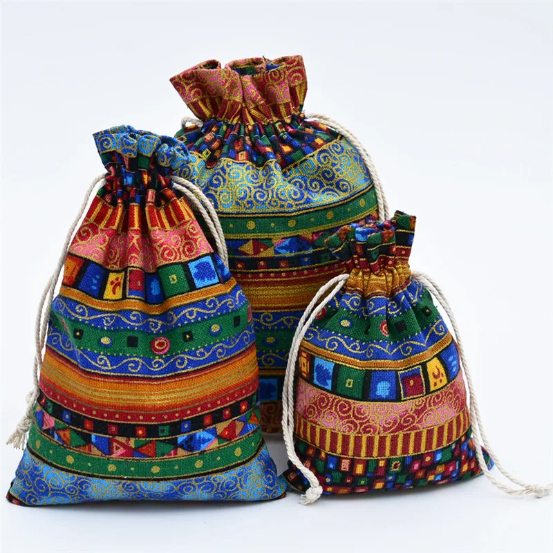 20pcs Ethnic Style Cotton Linen Drawstring Pocket Bag Buddhist Beads Storage Bag Jewelry Coin Purse Bag Small Things Sorting Bag
