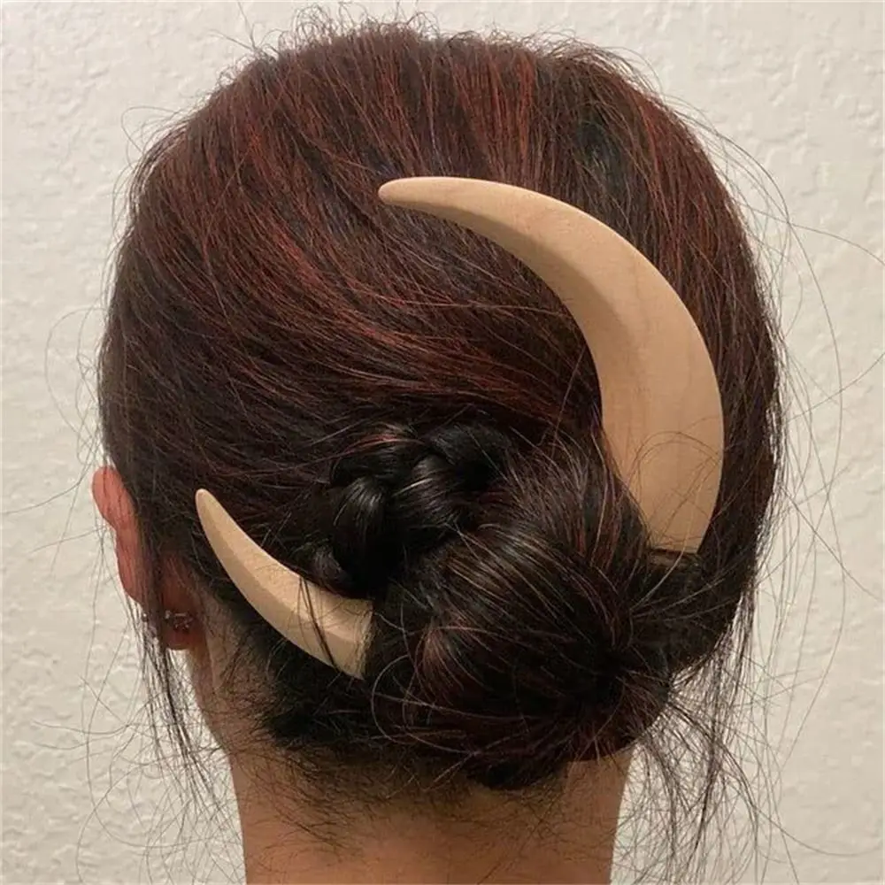 Moon Hair Fork Ramadan Hand Carved Wooden Hair Sticks for Women Long Hair Comb Hair Styling Tools Hair Accessories