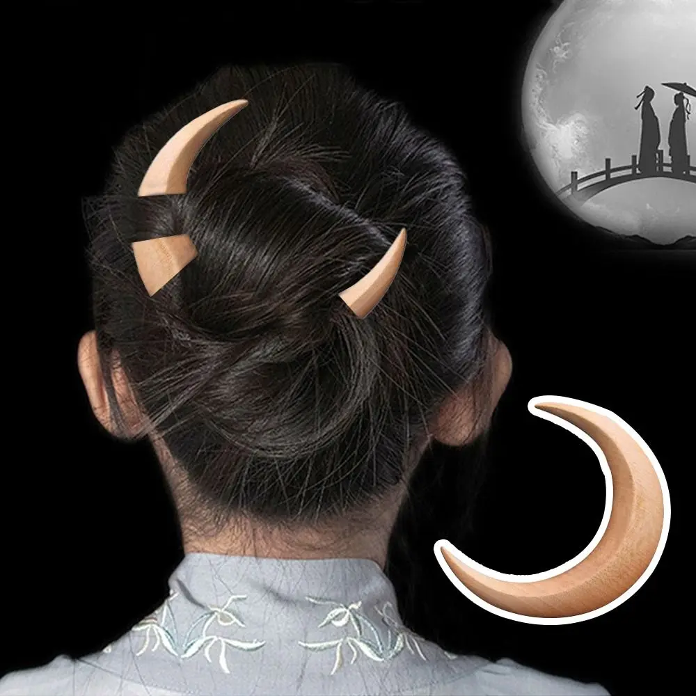 Moon Hair Fork Ramadan Hand Carved Wooden Hair Sticks for Women Long Hair Comb Hair Styling Tools Hair Accessories
