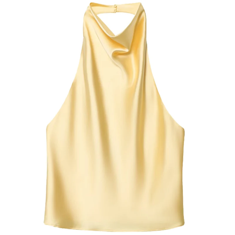 HXAO Satin Halter Top Women Summer 2025 Black Yellow Tanks & Camis Crop Smooth Off Shoulder Tank Top Sleeveless Backless Vests