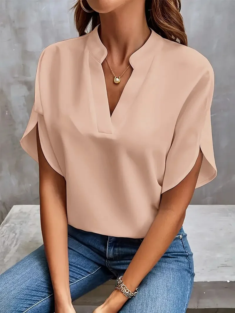 VEITCHE Summer Women Casual Solid Blouse Women Fashion V-neck Half Sleeve Shirts Office Elegant Pullover Loose Blusas Tops