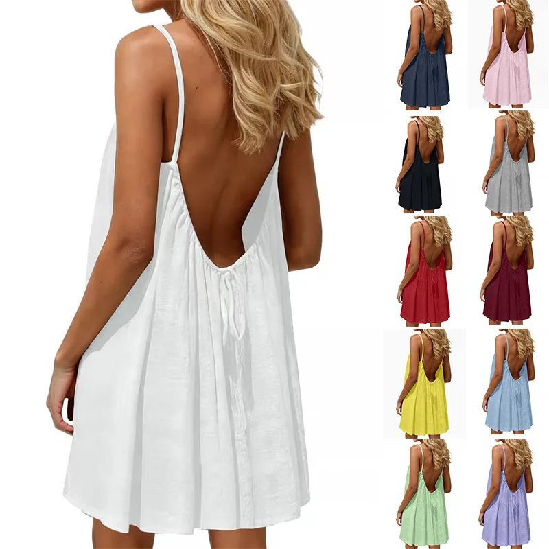 2026 New European & American Cross‑border Women’s Wear – Women’s Loose Solid‑Color Slip Backless Dress