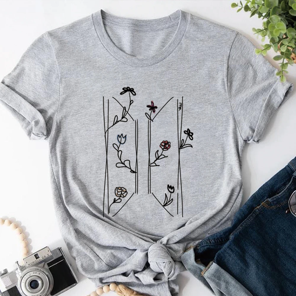 Floral Logo T-Shirt Kpop Fan Apparel Korean Shirts Kpop Vintage Harajuku Fashion Y2K Men Women Short Sleeves Tops Fans Gift