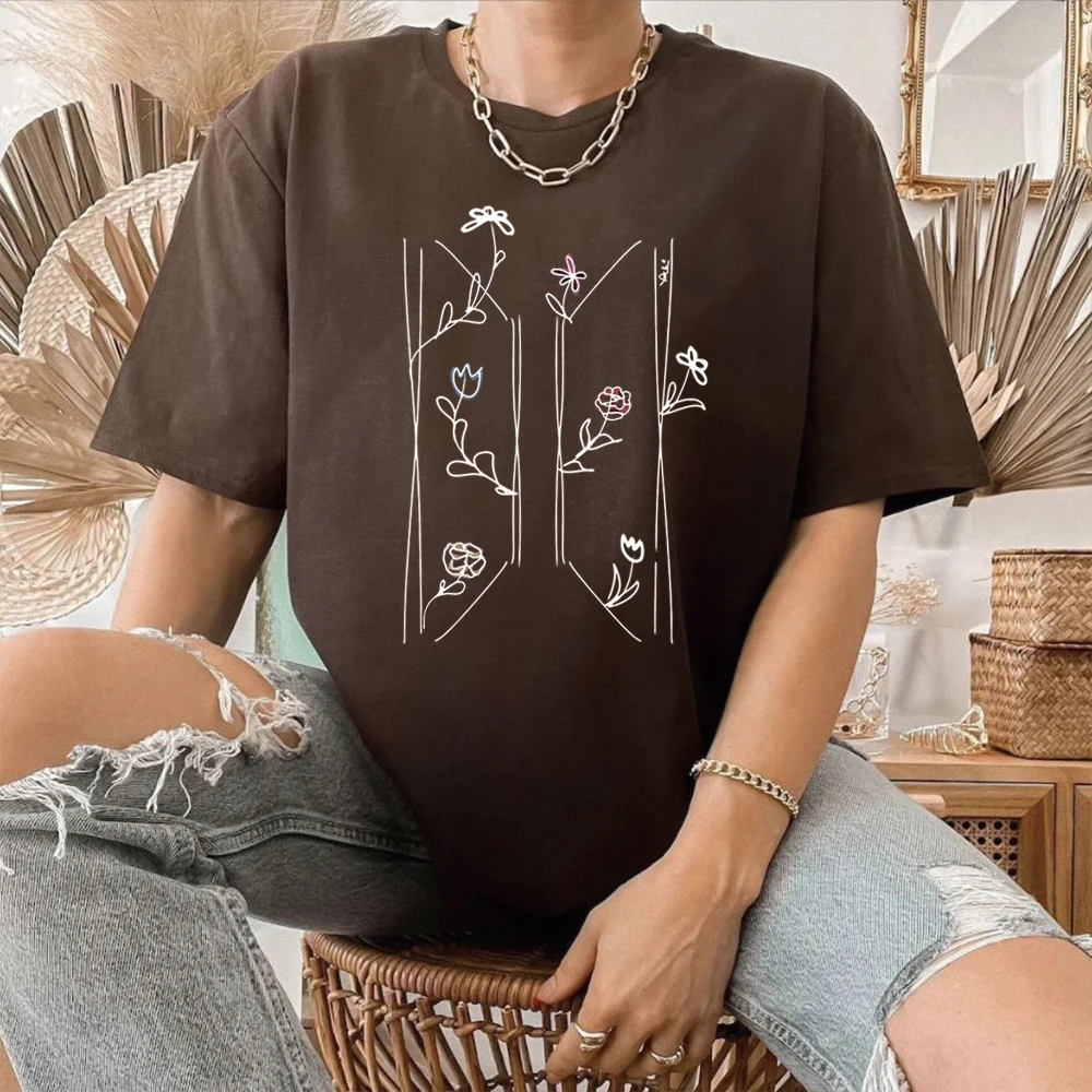 Floral Logo T-Shirt Kpop Fan Apparel Korean Shirts Kpop Vintage Harajuku Fashion Y2K Men Women Short Sleeves Tops Fans Gift