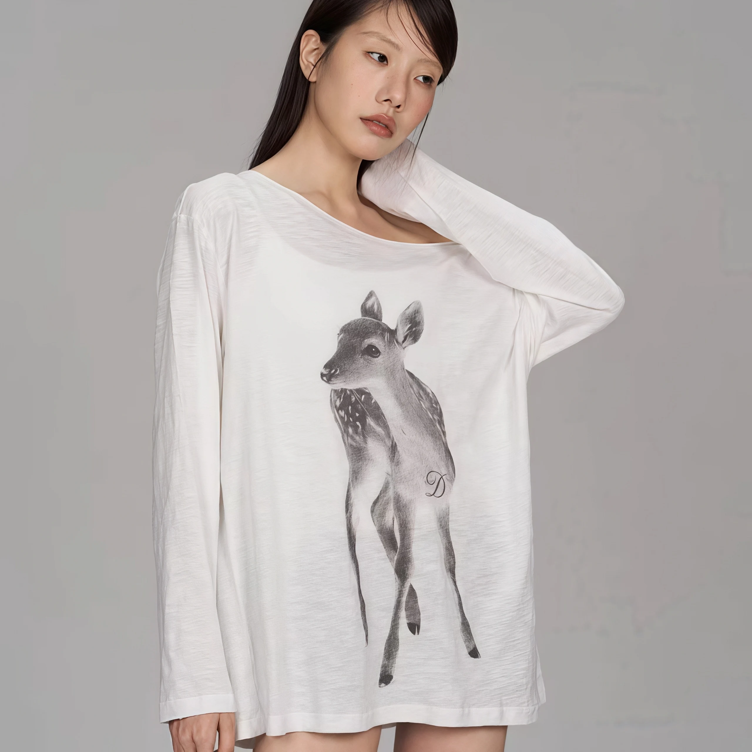 Women Off Shoulder Long Sleeve T‑Shirt Deer Animal Print Loose Casual Thin Cotton Slash‑Neck Oversized Tops
