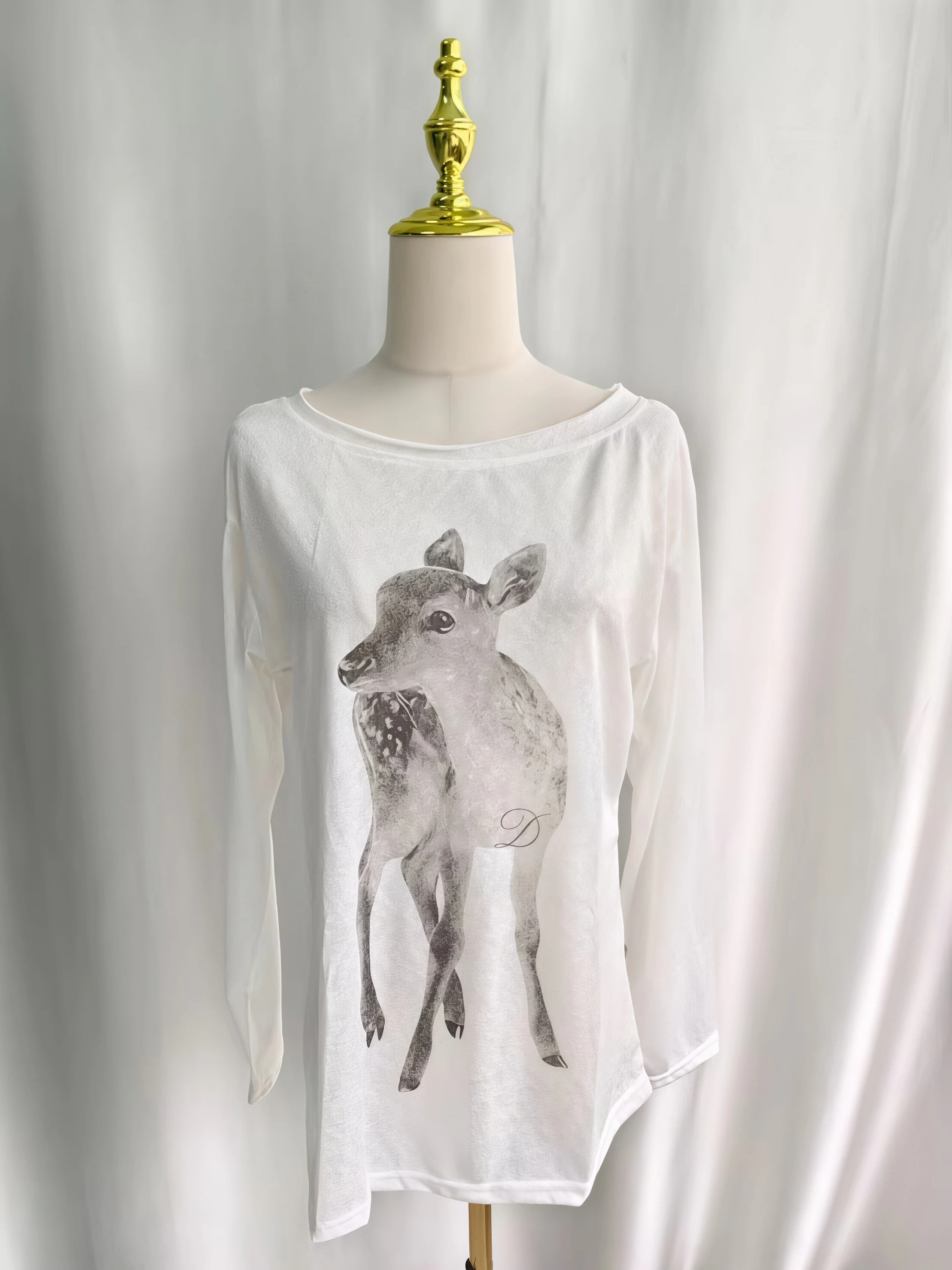 Women Off Shoulder Long Sleeve T‑Shirt Deer Animal Print Loose Casual Thin Cotton Slash‑Neck Oversized Tops