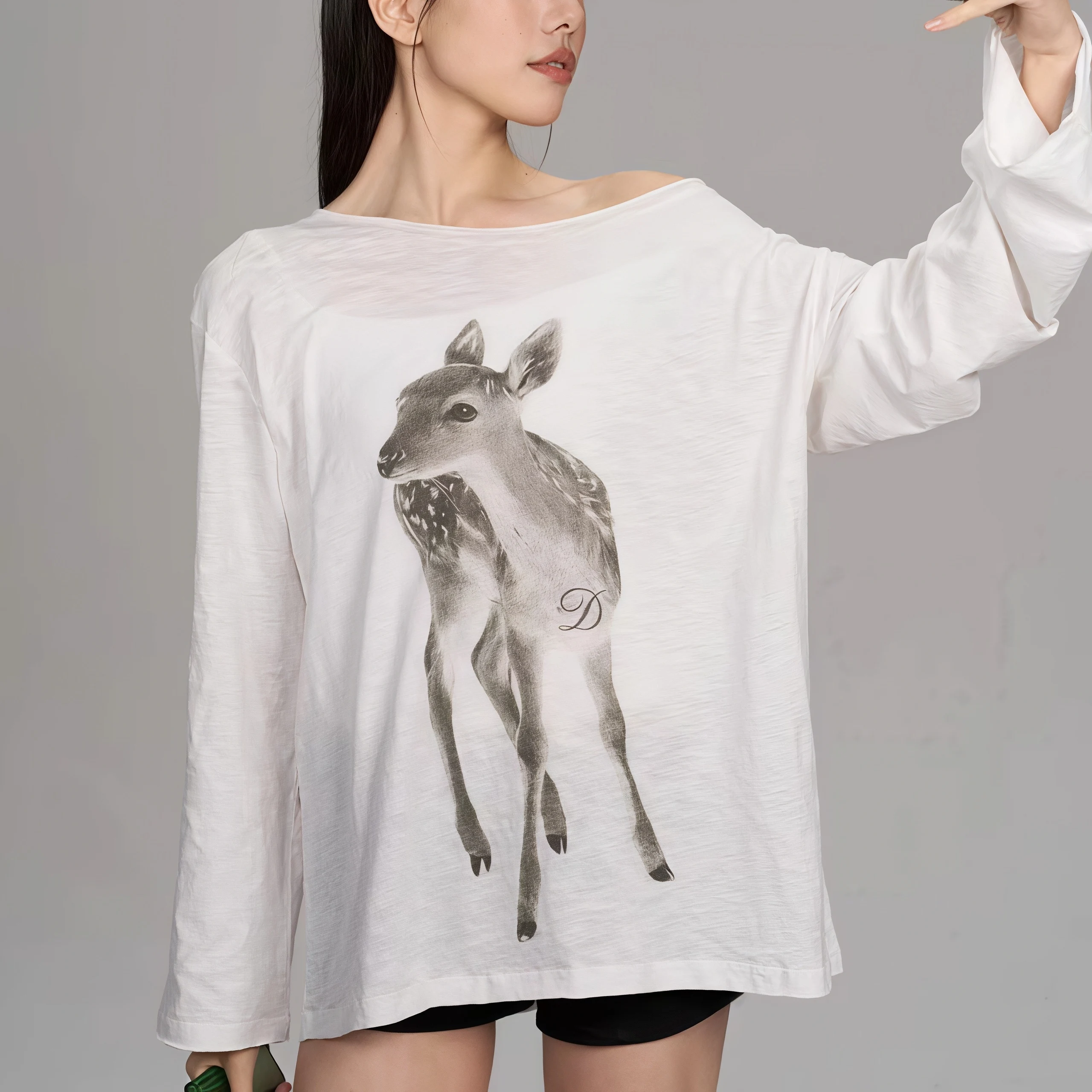 Women Off Shoulder Long Sleeve T‑Shirt Deer Animal Print Loose Casual Thin Cotton Slash‑Neck Oversized Tops