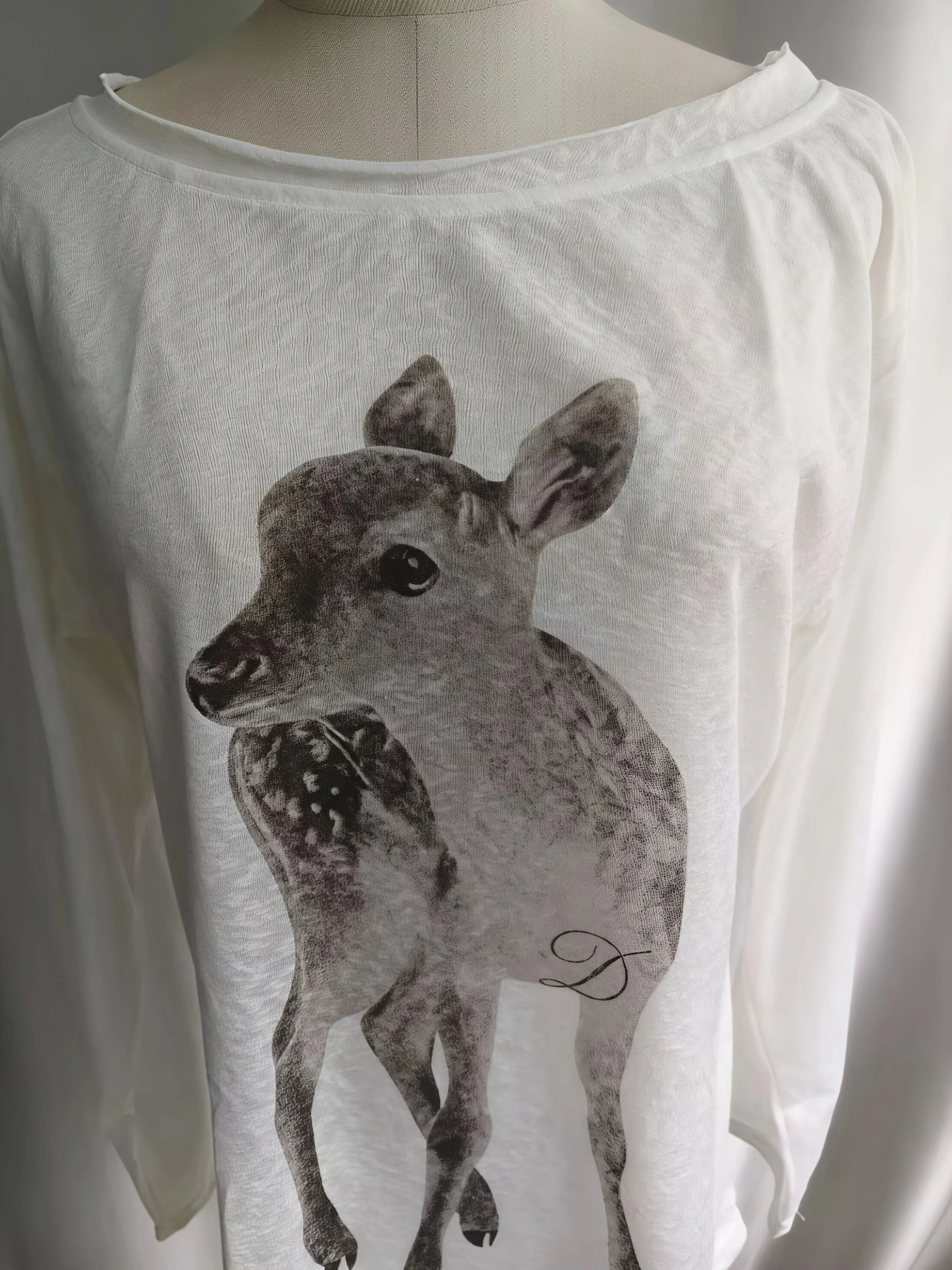 Women Off Shoulder Long Sleeve T‑Shirt Deer Animal Print Loose Casual Thin Cotton Slash‑Neck Oversized Tops