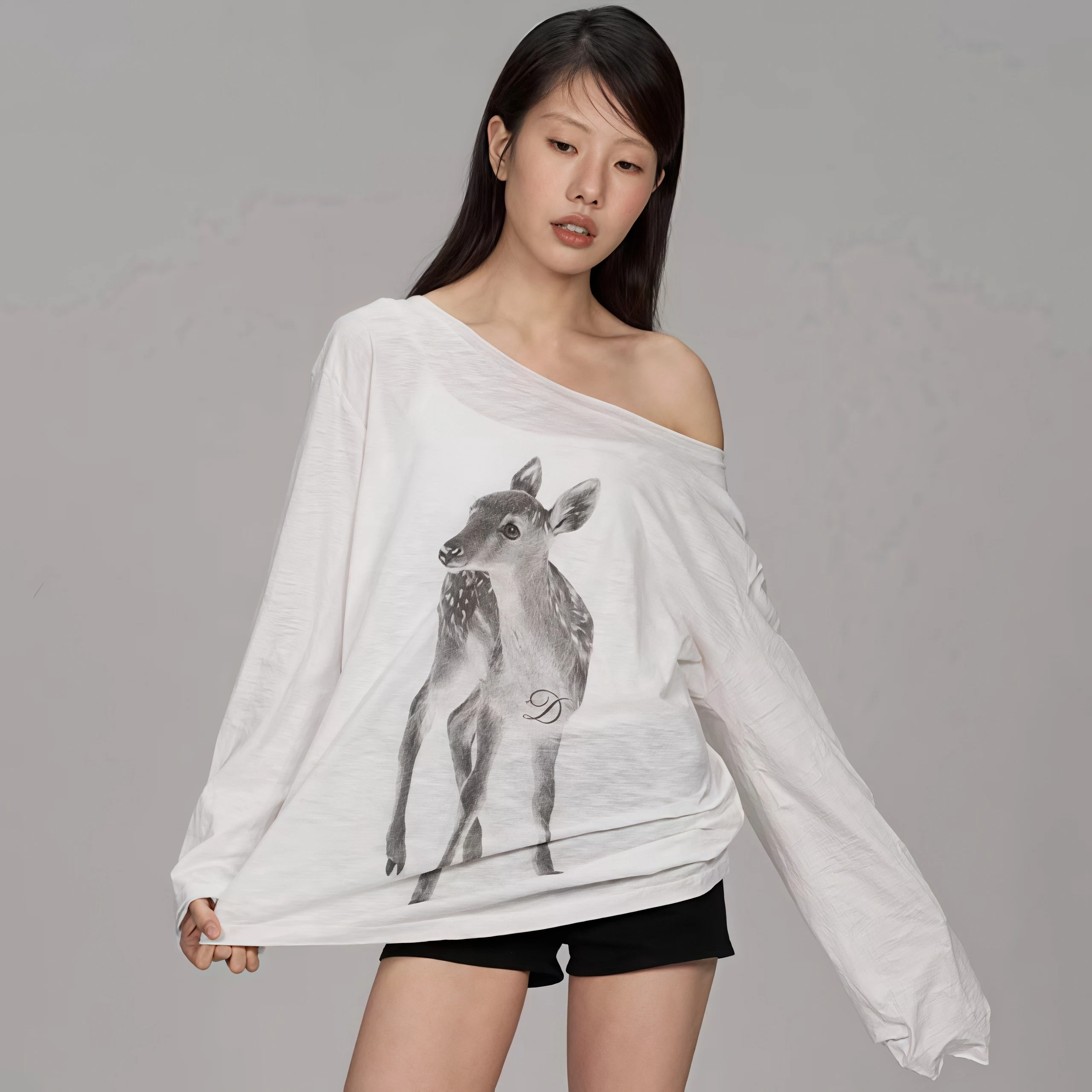 Women Off Shoulder Long Sleeve T‑Shirt Deer Animal Print Loose Casual Thin Cotton Slash‑Neck Oversized Tops