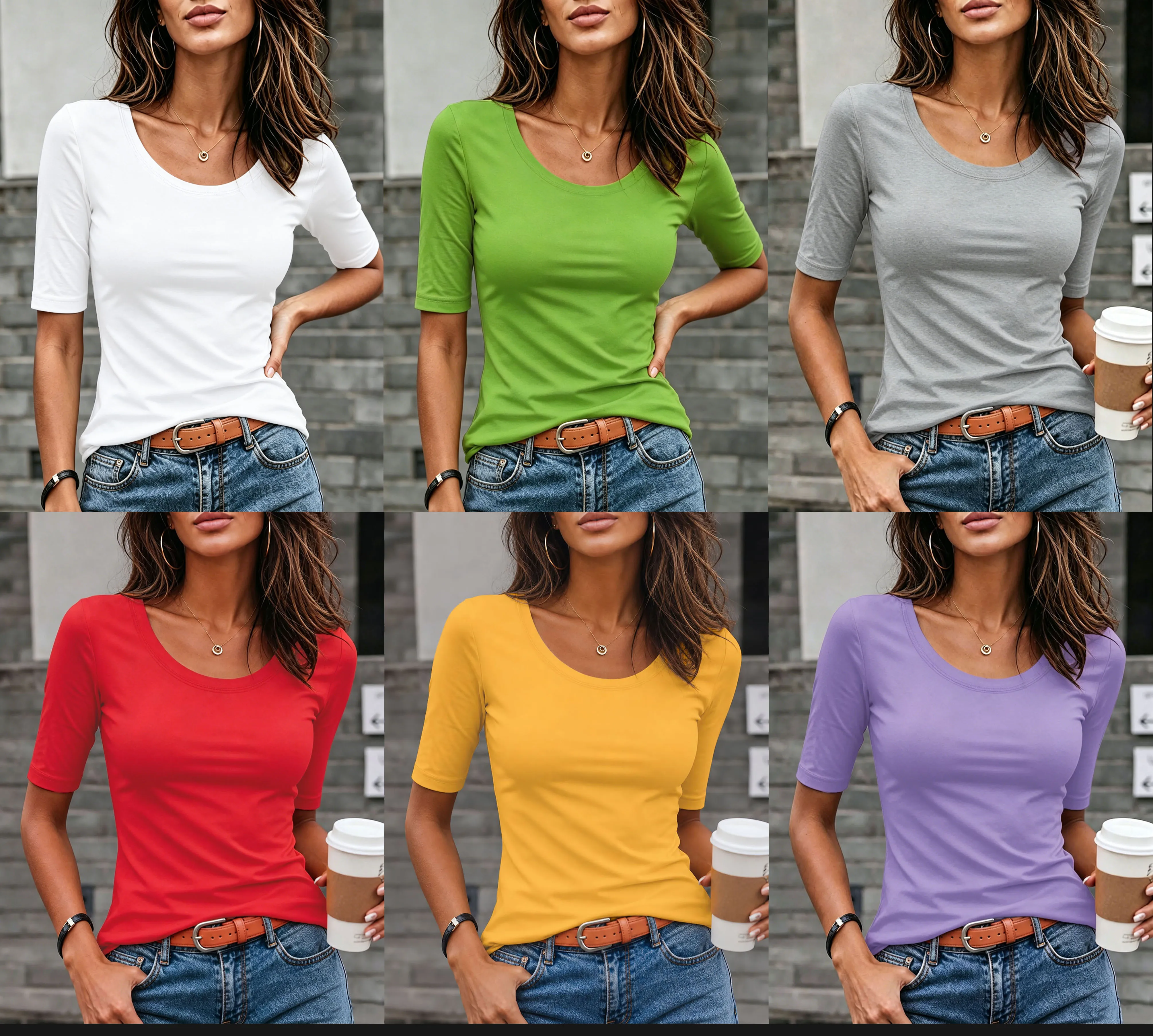 Solid Color Large U-Neck Half-Sleeve Knit T-Shirt for Women, All-Season Slim Fit Stretchy Basic Undershirt, European and American Simple Style for Commuting and Everyday Wear