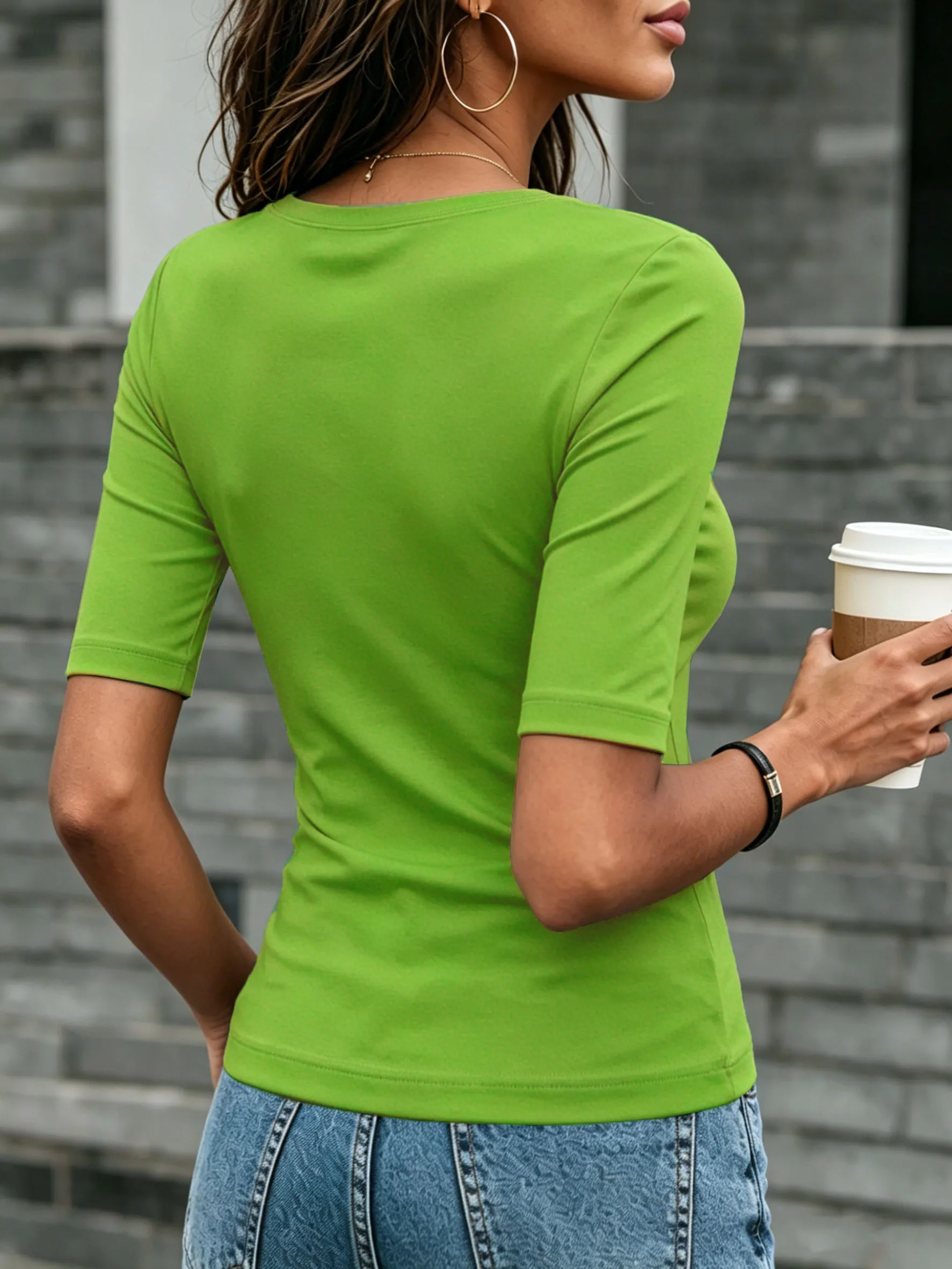 Solid Color Large U-Neck Half-Sleeve Knit T-Shirt for Women, All-Season Slim Fit Stretchy Basic Undershirt, European and American Simple Style for Commuting and Everyday Wear