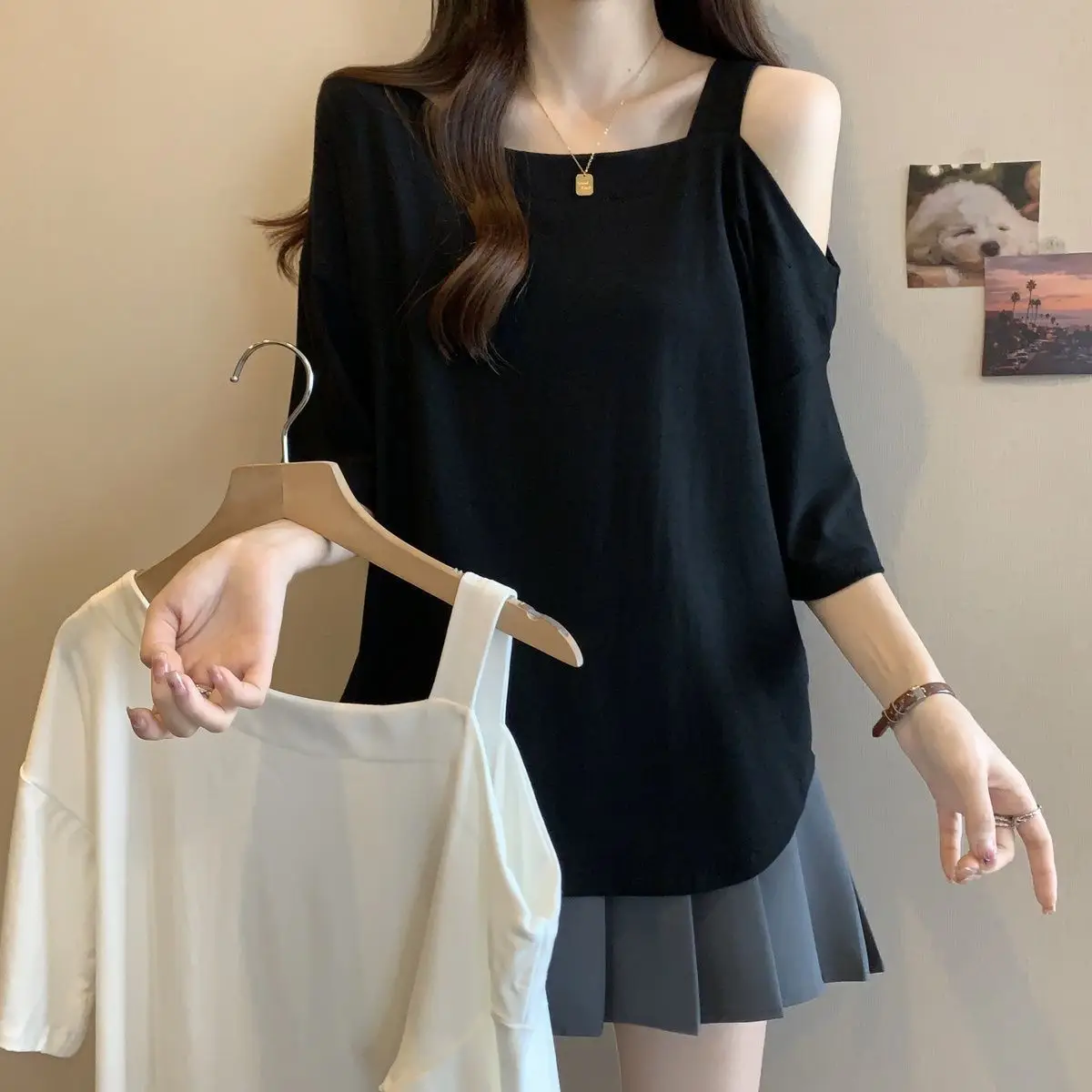 Large Size Women's Clothing Summer New Solid Color Loose and Thin Age Reduction Irregular Off-the-shoulder Short-sleeved T-shirt