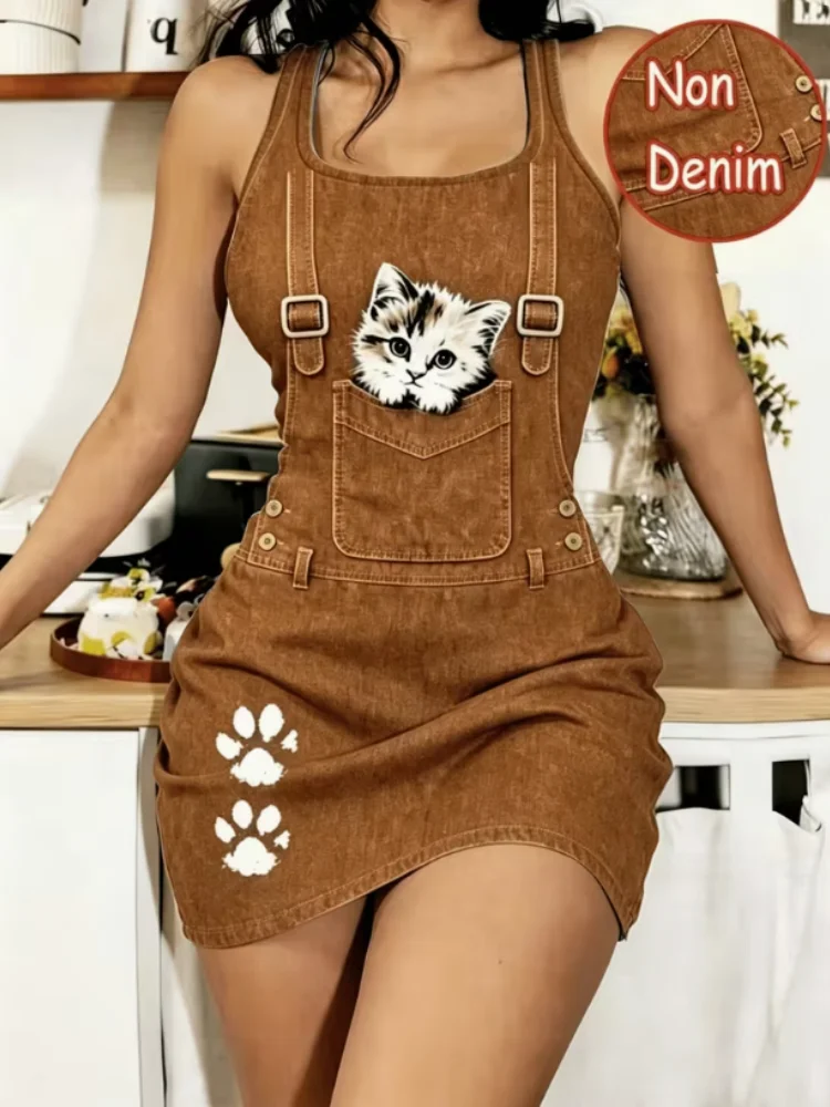Women’s Spring and Summer Casual Home Wear, Tailored Waistcoat with Sleep Dress, Faux Denim, cartoon Cat Print, Sleeveless Sleep