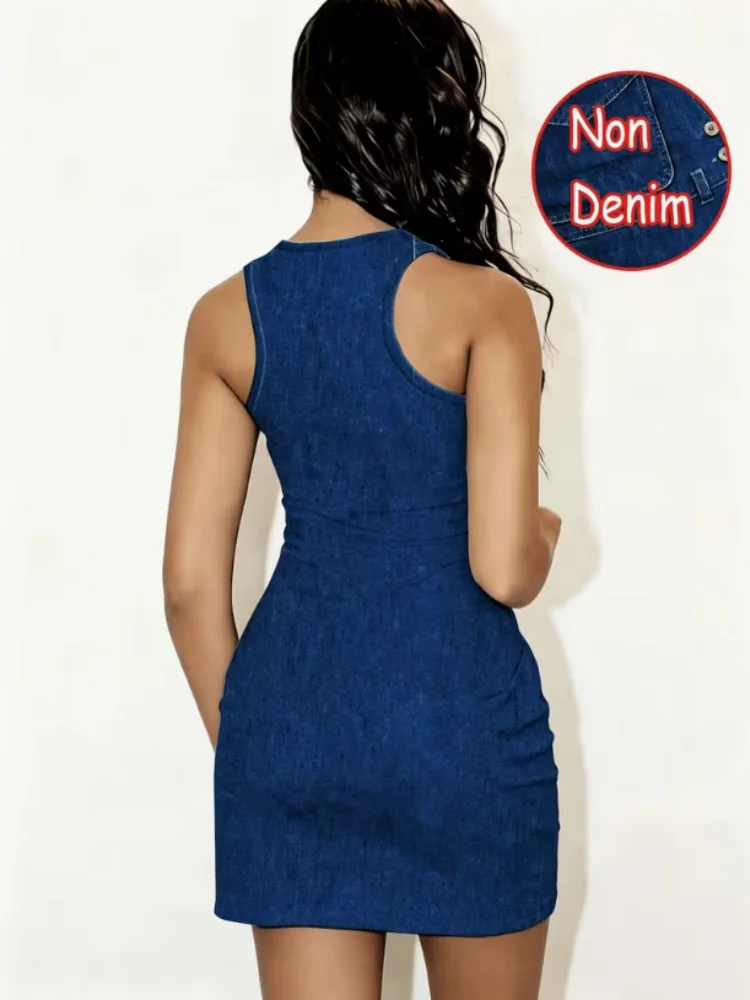 Women’s Spring and Summer Casual Home Wear, Tailored Waistcoat with Sleep Dress, Faux Denim, cartoon Cat Print, Sleeveless Sleep