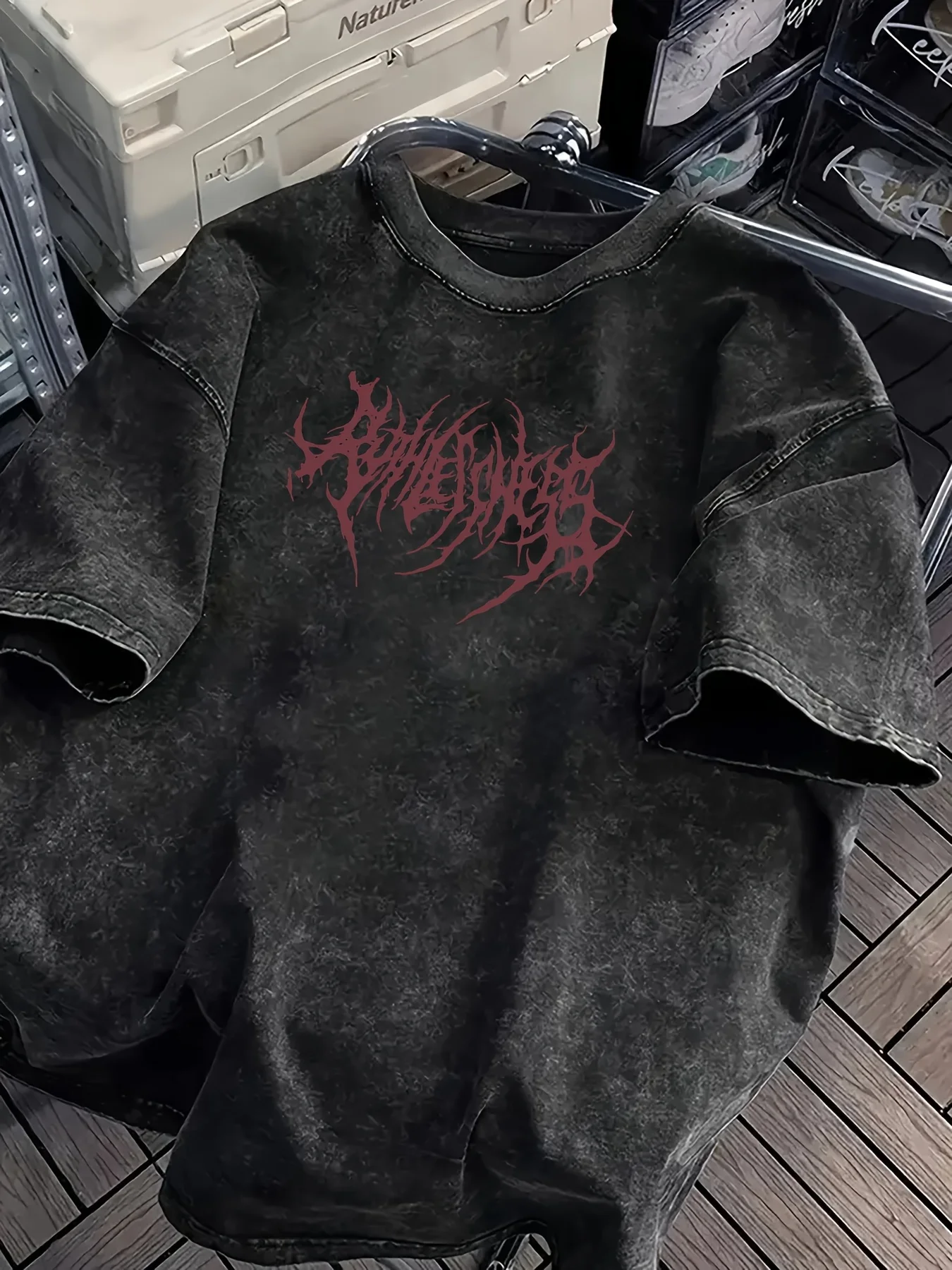 Vintage Acid Wash Powerfulness Gothic Metal Font Graphic T-Shirt Oversized Streetwear Casual Cotton Tops for Men Women