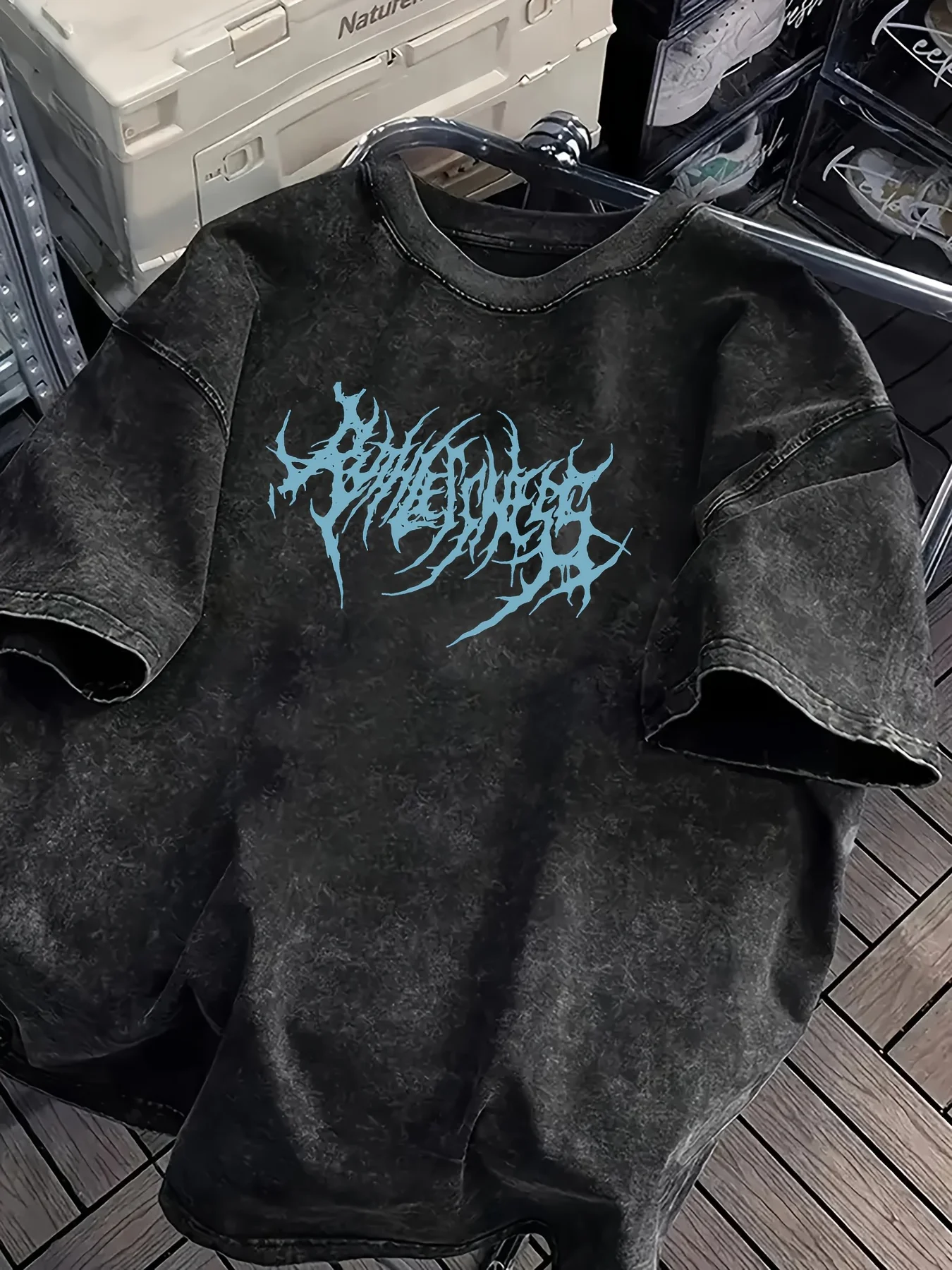 Vintage Acid Wash Powerfulness Gothic Metal Font Graphic T-Shirt Oversized Streetwear Casual Cotton Tops for Men Women