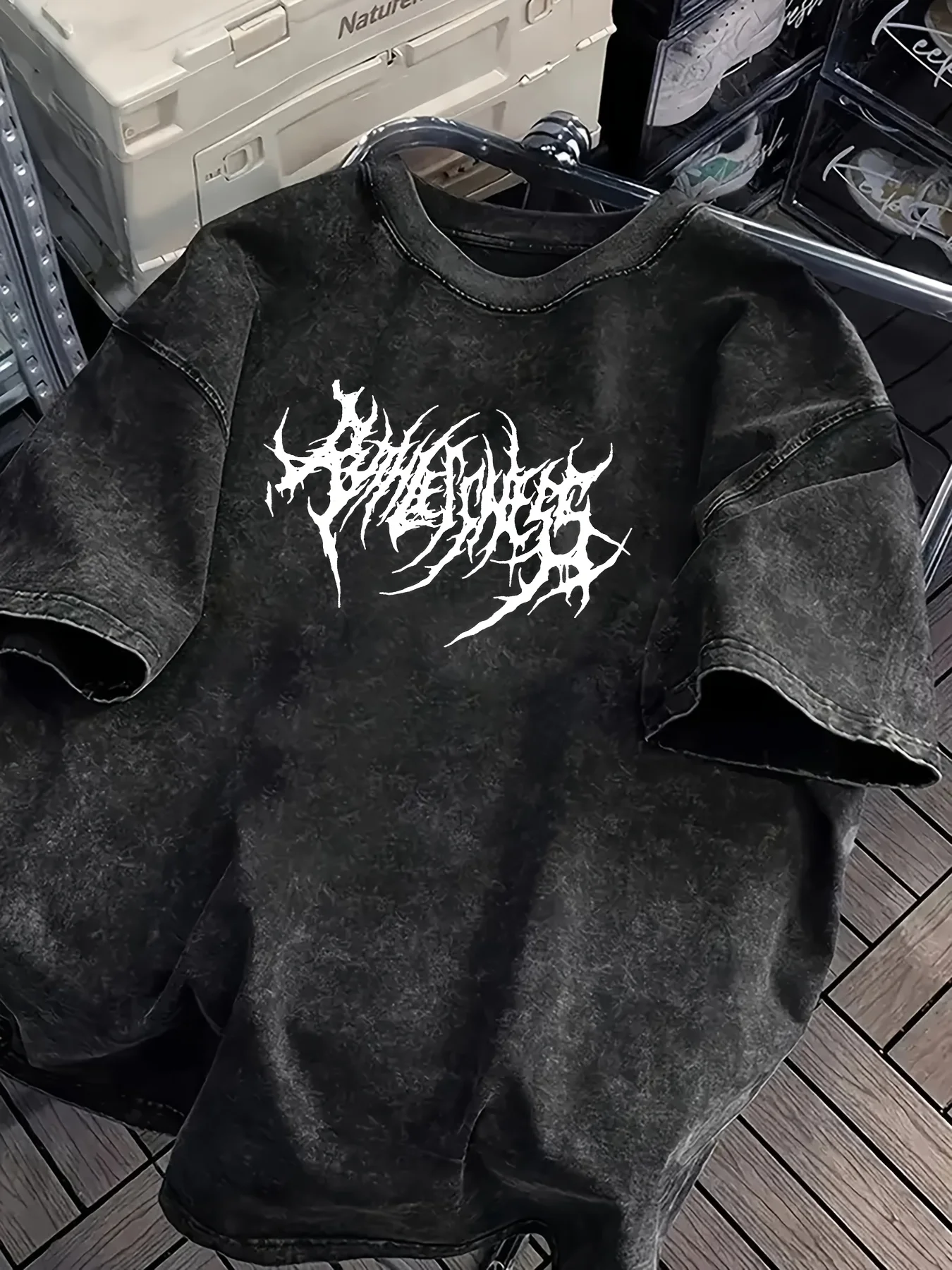 Vintage Acid Wash Powerfulness Gothic Metal Font Graphic T-Shirt Oversized Streetwear Casual Cotton Tops for Men Women