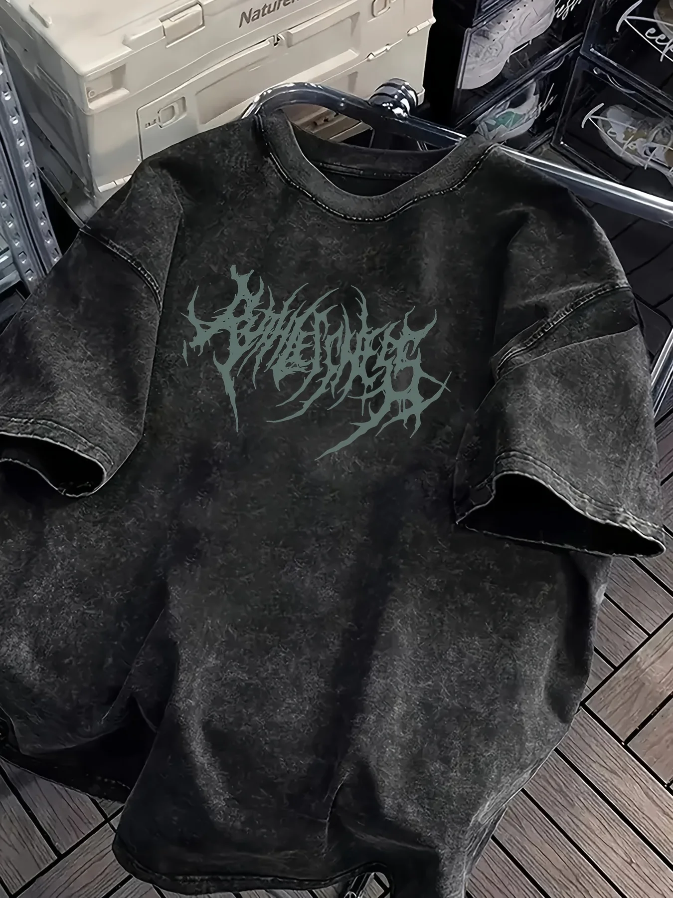 Vintage Acid Wash Powerfulness Gothic Metal Font Graphic T-Shirt Oversized Streetwear Casual Cotton Tops for Men Women