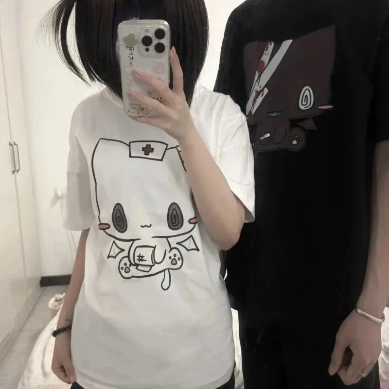 Women T Shirts Cartoon Printed Funny Couple Sweet Short Sleeve O Neck Loose Y2k Harajuku Tops Female Casual Tshirt