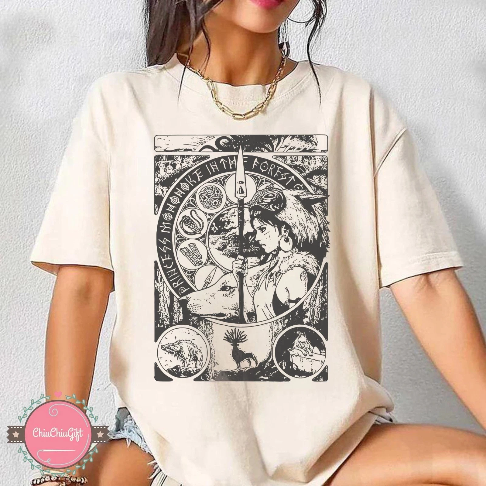 2026 Summer Women's Vintage Princess Mononoke  T-Shirt  Unisex Cotton and Breathable Short Sleeve Oversized Loose Casual