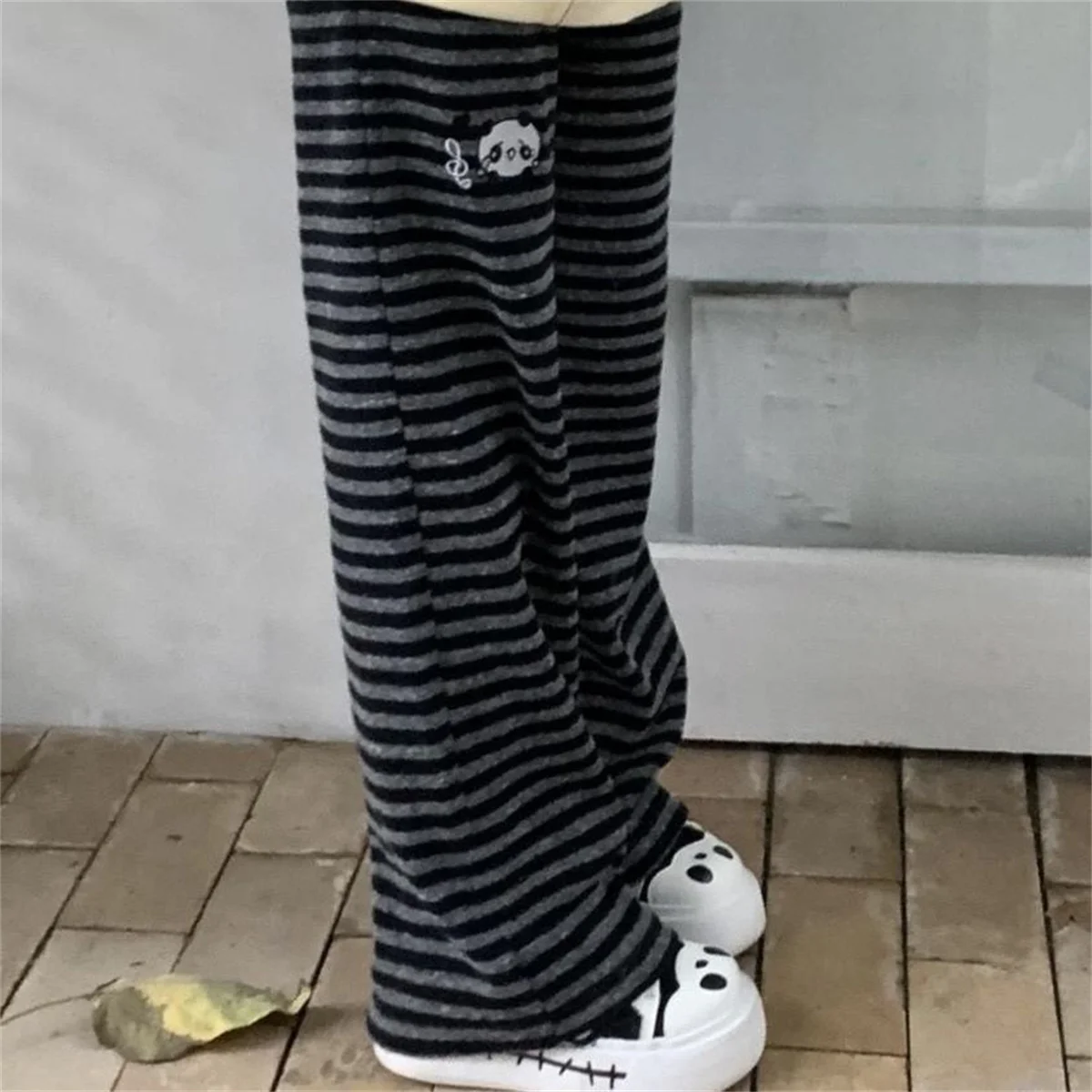 Harajuku Cartoon Embroidery Pants Women Kawaii Striped Loose Korean Trouser Shorts Y2K Subculture Vintage Female Wide Leg Pants
