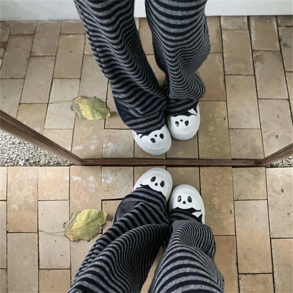 Harajuku Cartoon Embroidery Pants Women Kawaii Striped Loose Korean Trouser Shorts Y2K Subculture Vintage Female Wide Leg Pants