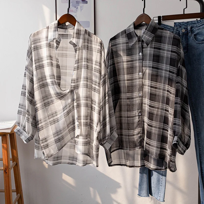 Sheer Chiffon Plaid Shirt for Women Ovesized Collared Button-down Blouse Summer Laides Slouchy Casual Outfit