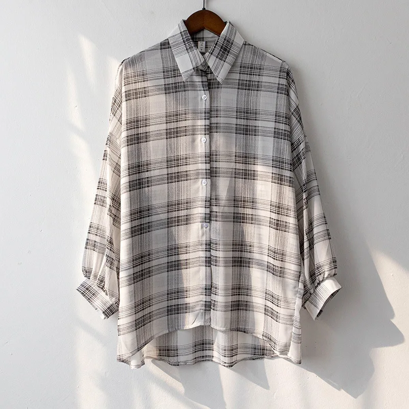Sheer Chiffon Plaid Shirt for Women Ovesized Collared Button-down Blouse Summer Laides Slouchy Casual Outfit