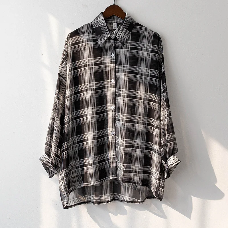 Sheer Chiffon Plaid Shirt for Women Ovesized Collared Button-down Blouse Summer Laides Slouchy Casual Outfit